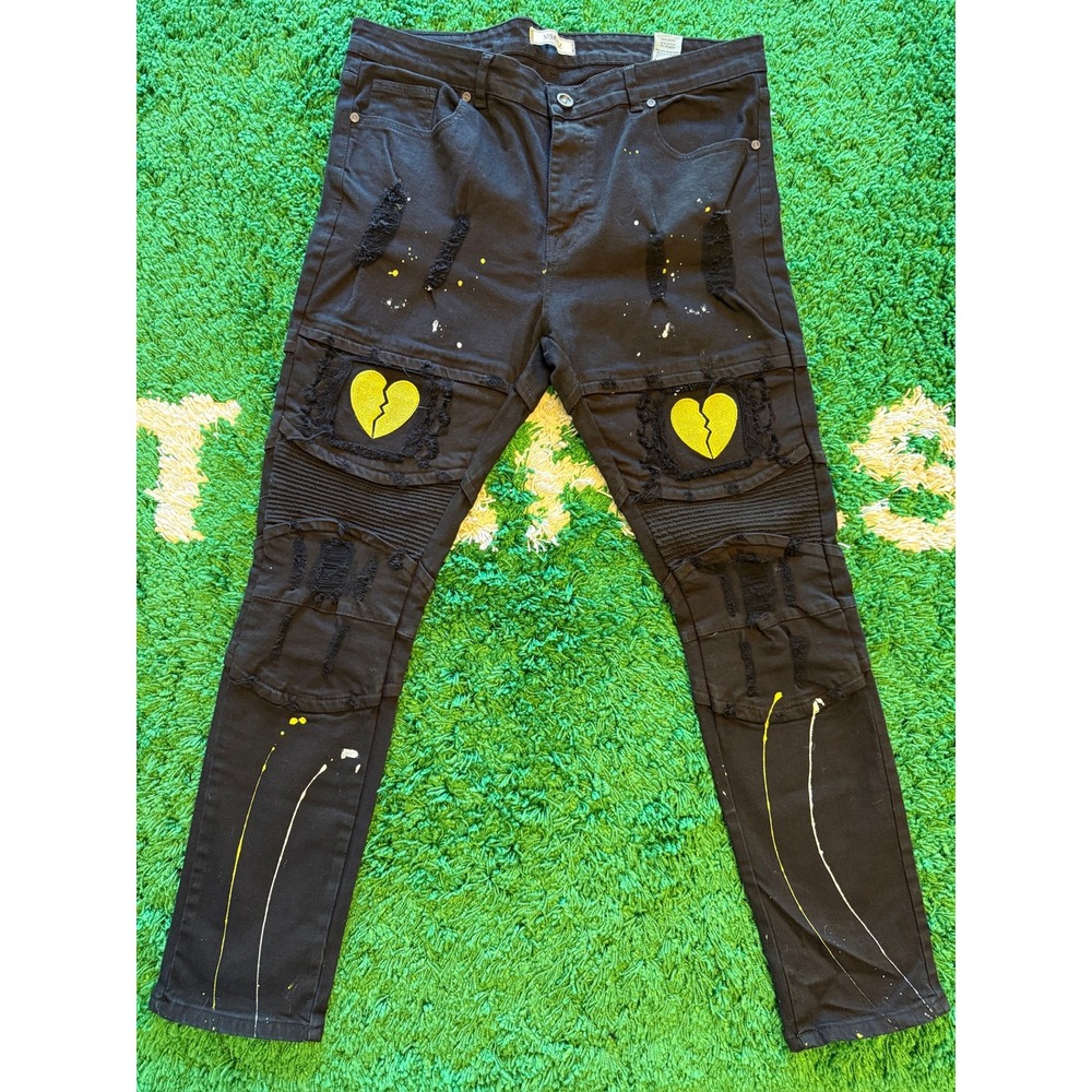 Victorious Moto Jeans Mens 38x32 Black Excellent Distressed Broken Heart Splatte